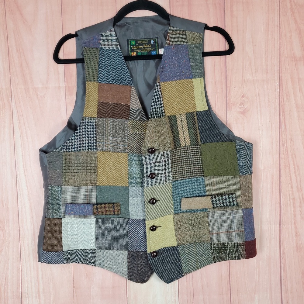 Hanna Hats Mens Patchwork Wool Vest Sz 117 / 46 Gray V-Neck Pockets Patchwork